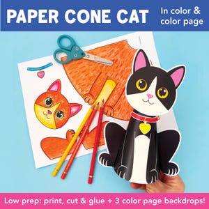 Puede incluir: Un kit de manualidades de gato cono de papel con un gato blanco y negro, una página para colorear de gato naranja, tijeras y lápices de colores. El kit incluye el texto "PAPER CONE CAT" y "In color & color page". También se incluye el texto "Low prep: print, cut & glue + 3 color page backdrops!"