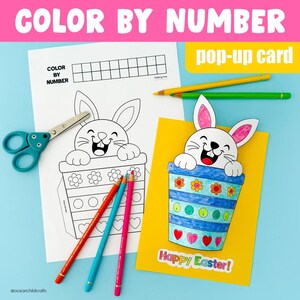 Carte pop-up d'artisanat de lapin de Pâques, couleur imprimable, activité de printemps à colorier, ressource pour la classe pour enfants, activité de bricolage de Pâques pour l'école à la maison