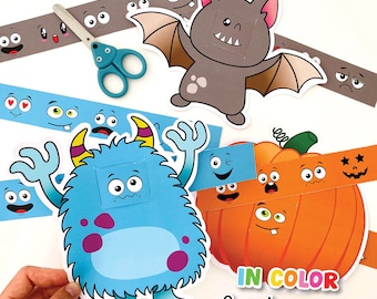 May include: A printable craft activity featuring a blue monster, a brown bat, and an orange pumpkin. Each character has a blank space for adding different facial expressions. The text "IN COLOR & color page" is at the bottom of the page.