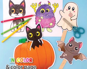 Fall Halloween Printable Craft for Kids, DIY Halloween Puppet Template for Classroom use, Easy and Fun Paper Craft Activity Kindergarten DIY