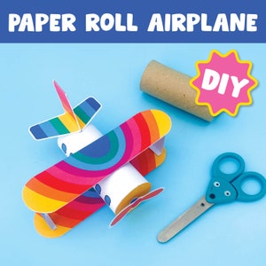 May include: A rainbow paper airplane craft project with a cardboard tube, scissors, and a DIY label.