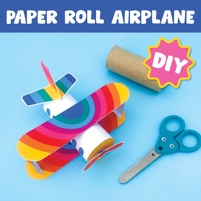 May include: A rainbow paper airplane craft project with a cardboard tube, scissors, and a DIY label.