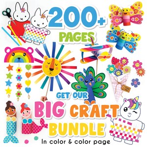 May include: A colorful image promoting a craft bundle with over 200 pages of printable crafts. The image features a variety of crafts, including a rainbow mobile, a lion sun catcher, a peacock, a unicorn, and butterflies. The text "Get Our Big Craft Bundle" is featured in large, colorful letters. The text "In color & color page" is also featured at the bottom of the image.