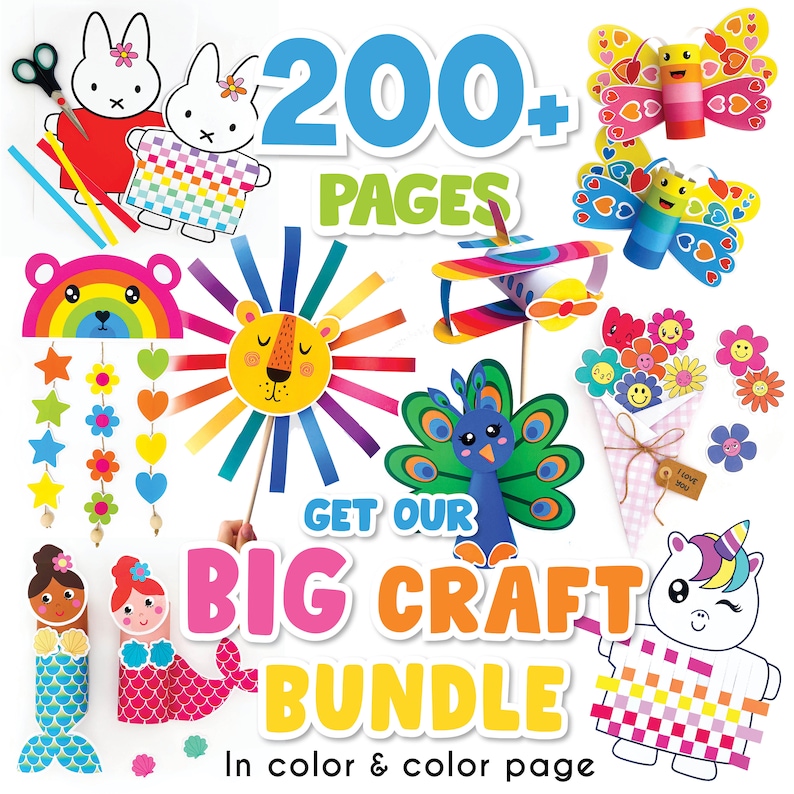 May include: A colorful image promoting a craft bundle with over 200 pages of printable crafts. The image features a variety of crafts, including a rainbow mobile, a lion sun catcher, a peacock, a unicorn, and butterflies. The text "Get Our Big Craft Bundle" is featured in large, colorful letters. The text "In color & color page" is also featured at the bottom of the image.