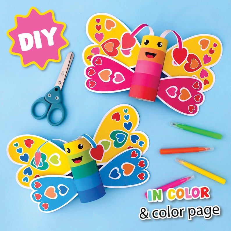 May include: DIY craft project for making a butterfly out of a toilet paper roll. The image shows two butterflies, one with pink, yellow, and red wings and the other with blue, yellow, and red wings. The butterflies have hearts on their wings and a smiling face on the toilet paper roll. The image also includes markers and scissors.