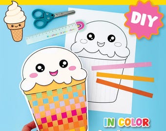 May include: A DIY craft kit for ice cream cone weaving. The kit includes a colorful woven ice cream cone, a coloring page, scissors, a ruler, and colored paper strips. Text on the image says "Ice Cream Cone Weaving", "DIY", and "In Color & color page".