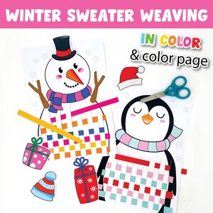 Può includere: Due modelli di tessitura invernale stampabili con un pupazzo di neve e un pinguino. Ogni modello ha un design di maglione colorato da tessere con lana o corda. Il titolo "Winter Sweater Weaving" e "In Color & Color Page" sono in cima all'immagine.