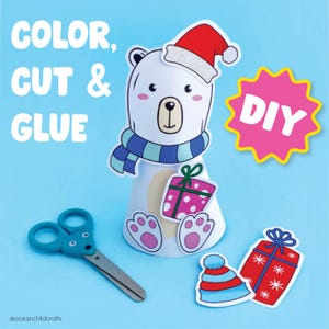 DIY Polar Bear Craft Printable Kids, Christmas Bear Puppet Preschool Template Winter Arctic Animals Craft Activity Polar Bear Coloring Page