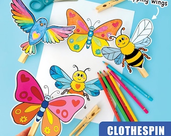 Bug Clothespin Puppet Craft Printable for Kids | Butterfly Bee Bird Ladybug Craft | Spring Insect Fine Motor Activity + Coloring Page