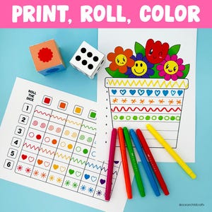 May include: A printable flower pot colouring page with a grid and instructions to roll a dice and colour the corresponding row. The page features a flower pot with a smiling face and flowers with different expressions. The image also includes a dice and a set of coloured markers.