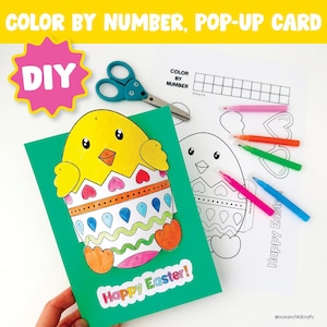 Manualidad para decorar un huevo de Pascua Página para colorear imprimible Hoja de trabajo para la educación en el hogar Colorear por código Plantilla para el aula Reconocimiento de números Pascua