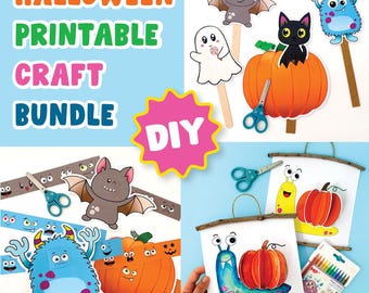 May include: A Halloween printable craft bundle with various cut-out characters, including bats, ghosts, monsters, and pumpkins. The image also shows scissors, a DIY sign, and a set of colored pencils. The words "HALLOWEEN PRINTABLE CRAFT BUNDLE" are displayed.