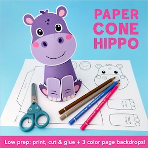 May include: A purple paper cone hippo craft with pink accents, sitting on a white paper with a hippo outline and craft supplies. The image includes scissors and colored pencils. Text reads "PAPER CONE HIPPO" and "Low prep: print, cut & glue + 3 color page backdrops!"