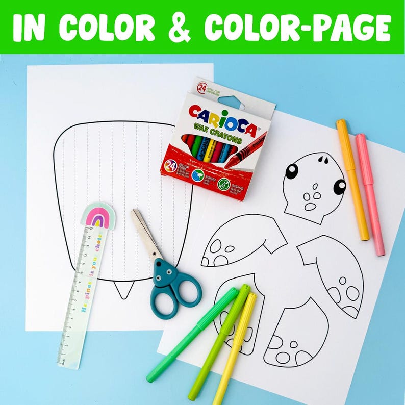 May include: A collection of art supplies for coloring, including a box of 24 wax crayons, coloring pages, scissors, markers, and a ruler with the text "Happiness is your choice". The image is titled "IN COLOR & COLOR-PAGE".