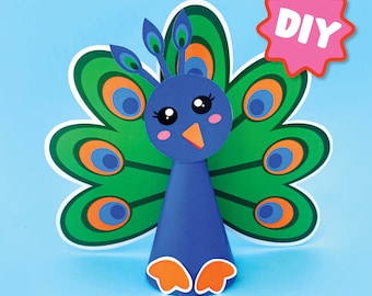 Pode incluir: Um projeto de artesanato DIY para fazer um pavão de papel. O pavão é azul com uma cauda verde e laranja. A cauda é feita de papel e tem um padrão de círculos. O pavão tem um rosto bonito com olhos grandes e um bico pequeno. A imagem também inclui uma estrela rosa com a palavra "DIY" nela.