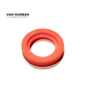 May include: A close-up of a bright orange rubber ring with the text "VAN-HURBAN HI-FI SOUND SYSTEM PARTS" printed on it.