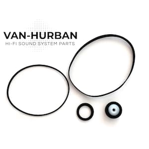 May include: A set of four black rubber turntable replacement belts and a black rubber idler wheel. The belts are in different sizes. The idler wheel has a white center.