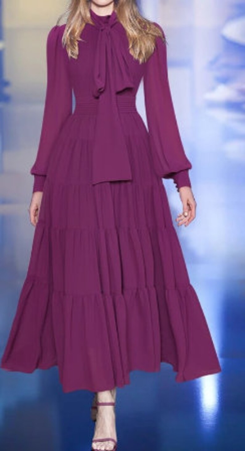 Runway Maxi Dress for women ,bow collar Lantern sleeve retro pleated elegant vacation long dress