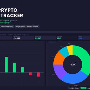 May include: A dark blue graphic with the text "UK CRYPTO TAX TRACKER" and data visualizations. Includes a bar graph showing gains and losses, and a pie chart illustrating portfolio allocation. The text "Calculate your capital gains for HMRC Self Assessment" is also present.