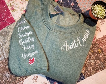 Custom Embroidered Aunt Sweatshirt With Kids Names On Sleeve, Embroidered Auntie Sweatshirt, Sweatshirt For Auntie, Mother Day Gift