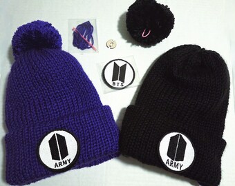 Limited. Satin Lined Bangtan Beanie Set. Interchangeable Patches and Changeable Pom Pom. Handmade