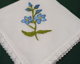 Forget-Me-Not Blue Floral Handkerchief, Hand-Embroidered, Vintage Style Gift Handkerchief