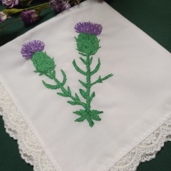 Scottish Thistle Floral Handkerchief, Hand-Embroidered, Vintage Style, A Touch of Scotland Gift Handkerchief