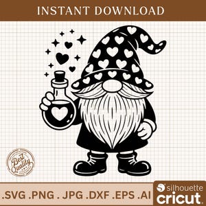 Peut inclure: Illustration en noir et blanc d'un gnome tenant une fiole de potion avec un cœur. Le gnome porte un chapeau à motifs de cœurs et a une longue barbe. L'image comprend le texte "INSTANT DOWNLOAD" et les extensions de type de fichier.