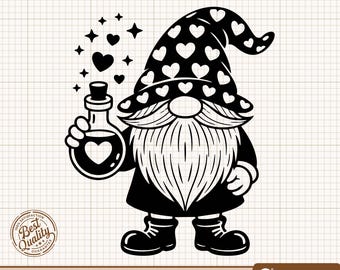 Gnomo de amor SVG, Gnomo de San Valentín PNG, Clipart de poción mágica, Gnomo con sombrero de corazón SVG, Svg de romance, Clipart de gnomo, Archivos de corte de Cricut y Silhouette