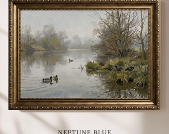 Vintage Duck Pond Wall Art, Antique French Oil Painting Print, Gray Misty Morning Lake, Moody Tonal Farmhouse Decor, Digital Download
