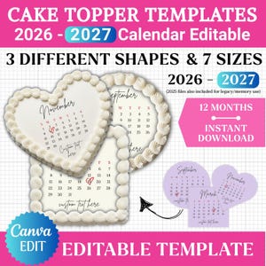 Burn Away Cake Topper Bundle, Calendar Digital, Editable Calendar 2026 2027, Cake Decorating Template, Canva Calendar, Printable Digital