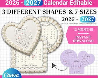 Burn Away Cake Topper Bundle, Calendar Digital, Editable Calendar 2026 2027, Cake Decorating Template, Canva Calendar, Printable Digital