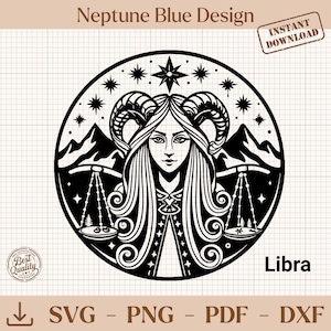 Op de afbeelding: Zwart-wit ontwerp van het sterrenbeeld Weegschaal. De afbeelding toont een vrouwengezicht met lang haar, ramshoorns en weegschalen, omringd door sterren en bergen. De tekst "Libra" wordt rechtsonder weergegeven.