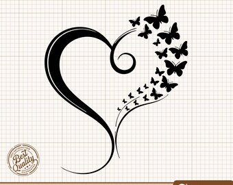 Mariposa con corazón de amor Svg, Corazón de amor Png, Clipart de mariposa, Mariposa voladora Svg, Vector de corazón, Archivo digital de mariposa