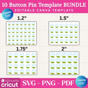 Button Pin Template Bundle, Canva Editable, SVG PNG PDF, 1.2'-2' Sizes, Cricut Silhouette Files