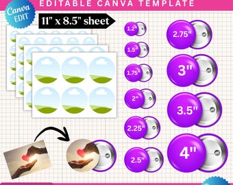 Paquete de plantillas de pins de botón, pins de botón SVG, insignias de botón, etiquetas circulares, plantillas editables de Canva, creador de insignias, descarga digital DIY