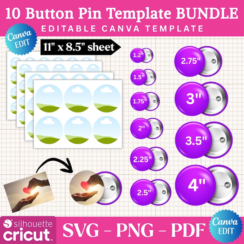 Button Pin Template Bundle Editable in Canva and Silhouette, Digital Download svg png pdf Files, diy Crafting Supplies