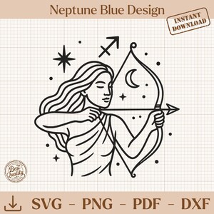 Peut inclure: Illustration en noir et blanc d'une femme aux longs cheveux ondulés, tenant un arc et une flèche, représentant le signe du zodiaque du Sagittaire. L'image comprend une étoile, un croissant de lune et le texte "Neptune Blue Design" et "Instant Download".