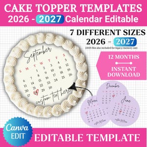 Modelli di calendario per decorazioni per torte, calendario modificabile, decorazione per torte Burn Away, calendario 2026 2027, calendario stampabile, calendario digitale modificabile Canva