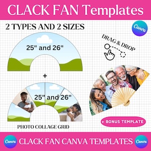 Peut inclure: Graphisme pour modèles Canva de ventilateurs clack. Le design comprend deux types de ventilateurs et deux tailles, 63,5 cm et 66 cm. Un design est une grille de collage photo. L'autre est un modèle glisser-déposer. Un modèle bonus est inclus.
