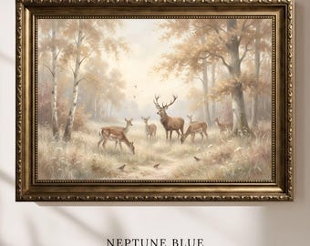 Misty Meadow Deer Print, French Country Wall Art, Vintage Stag & Doe Oil Painting, Rustic Woodland Landscape, Printable Digital Download