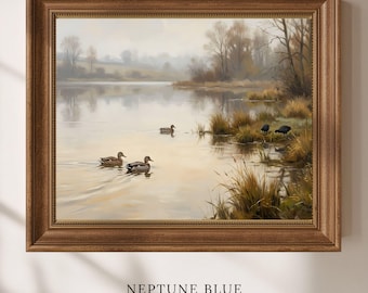 Misty Duck Pond Wall Art, French Country Oil Painting Print, Foggy Morning Lake Mallards, Muted Neutral Farmhouse Decor, Digital Dwnload
