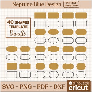 Op de afbeelding: Een digitale sjabloonbundel met 40 vormen, waaronder rechthoeken, ovalen en decoratieve frames, in goud en zwart. Het ontwerp toont de tekst "Neptune Blue Design" en "40 Shapes Template Bundle". Formaten: SVG, PNG, PDF en DXF.
