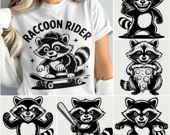 Raccoon Mascot svg Bundle, Cute Raccoon png, Funny Raccoon Clipart, Raccoon Rider svg, Baseball Raccoon, Raccoon with Pizza svg