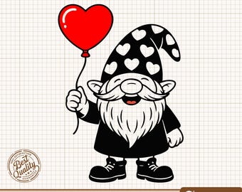 Gnomo con corazón SVG, Gnomo de San Valentín PNG, Gnomo de amor Clipart, Globo de corazón SVG, Gnomo digital, Gnomo de San Valentín Clipart, Cricut Silhouette