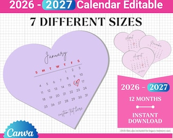 Plantilla de corazón para decoración de tarta 2026-2027, plantillas de decoración de tartas que se queman, calendario editable, decoración de tarta personalizada, calendario imprimible en Canva