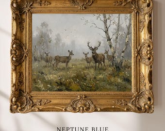 Plein Air Deer Oil Painting Print, Gray Misty Woodland Stag, Antique Tonal Landscape Wall Art, French Country Decor, Digital Download