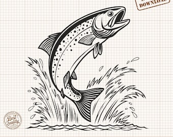 May include: Black and white illustration of a leaping fish, with water splashing around it. The design includes the text "Neptune Blue Design" and "Instant Download". The image also includes the file type options: SVG, PNG, PDF, and DXF.