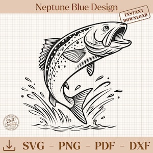 Peut inclure: Illustration en noir et blanc d'un poisson sautant hors de l'eau, avec des détails sur les écailles et la bouche ouverte. Le design comprend le texte "Neptune Blue Design" et "Instant Download". Le texte "SVG - PNG - PDF - DXF" est également présent.