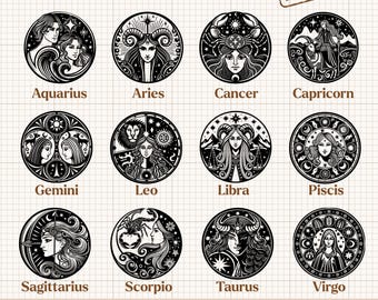 Zodiac Signs SVG, Horoscope PNG, Astrology Clipart, Zodiac Bundle SVG, Star Sign Clipart, Celestial Designs Digital